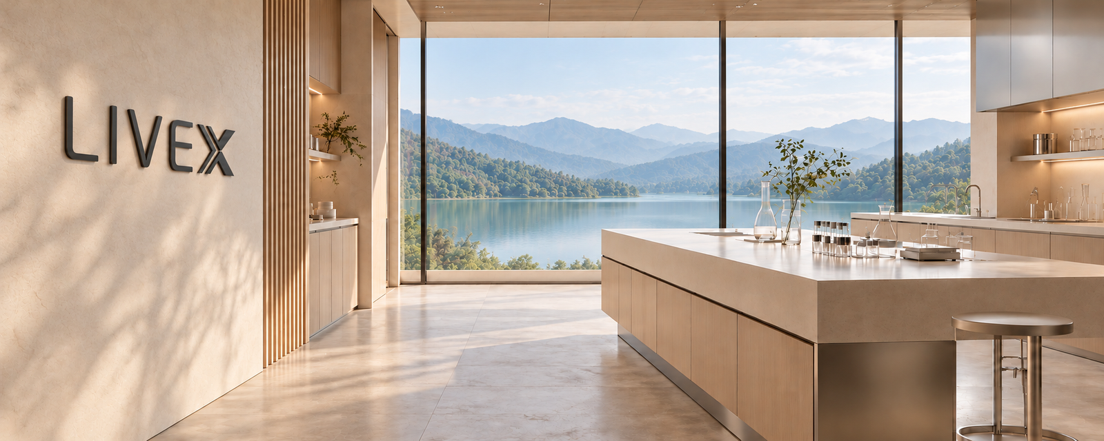 LIVEX studio overlooking a lake and forested mountains, with warm wood finishes and formulation glassware