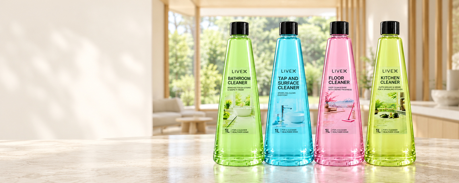 Four colourful Livex cleaner bottles on a stone countertop in a sunlit home