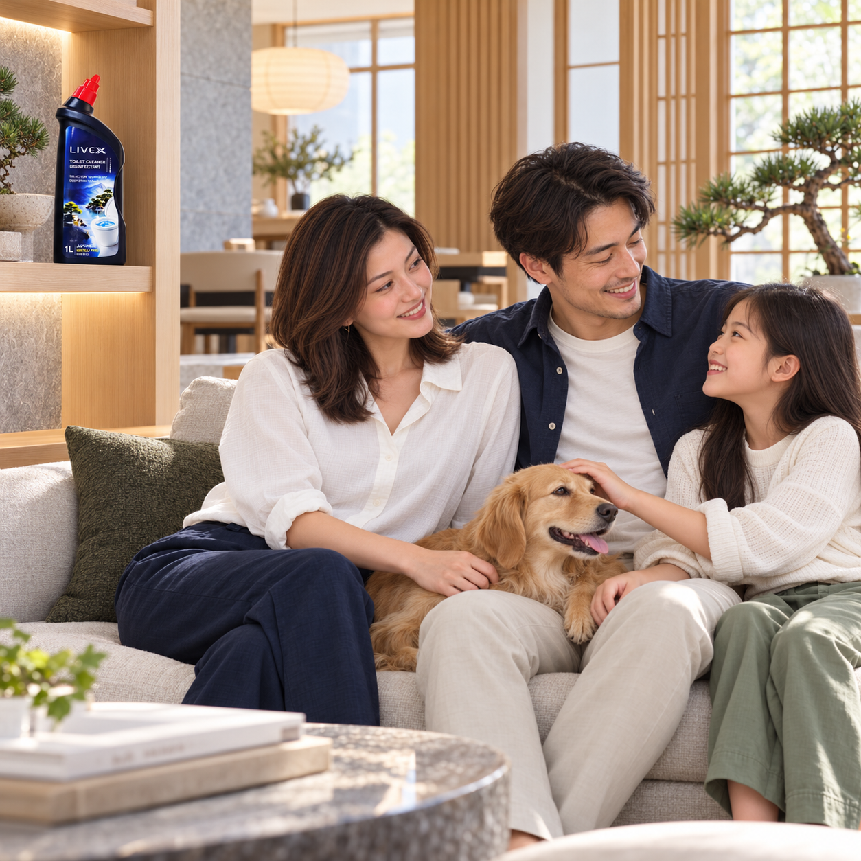 A family relaxing with their dog in a warm Japanese-inspired living room, with Livex Toilet Cleaner on a shelf