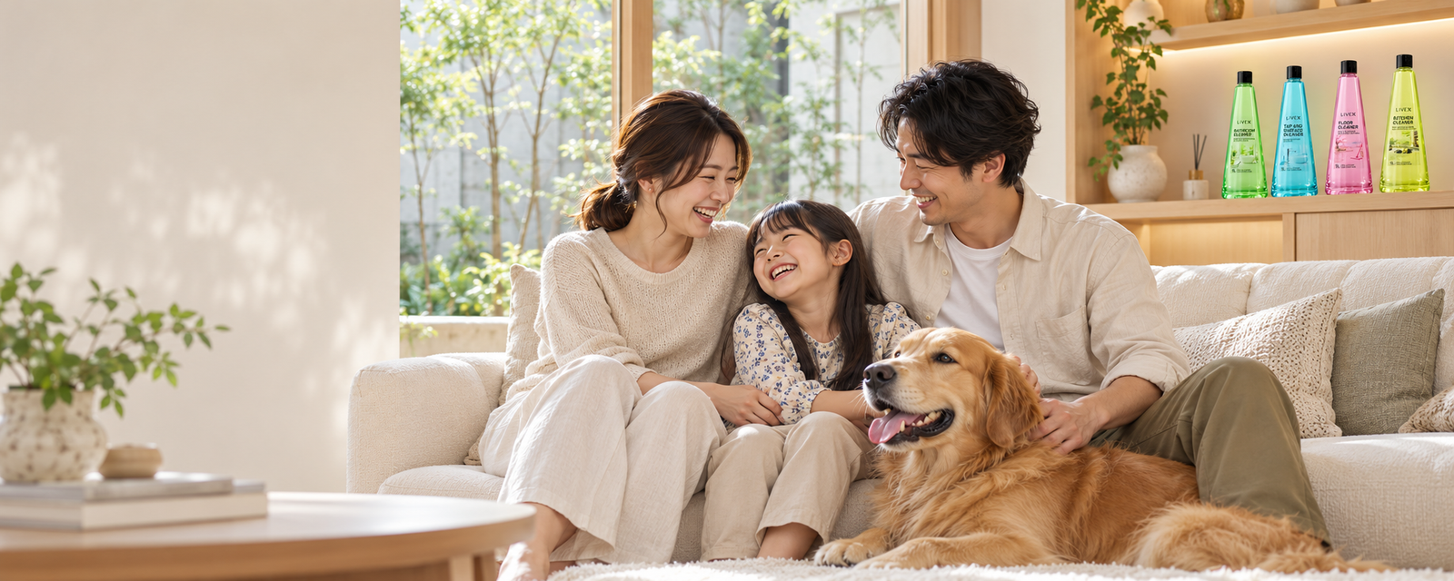 A family and golden retriever on a sofa, with four Livex products on the shelf