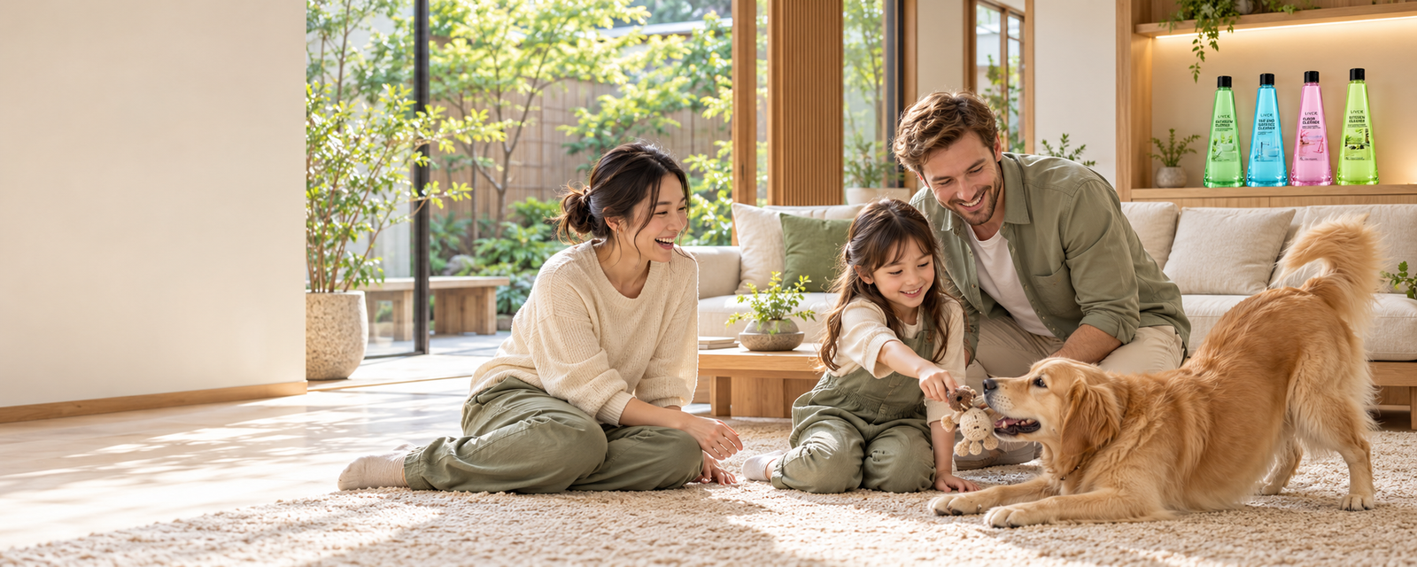 A family playing with their dog in a sunlit living room with Livex products displayed on a shelf