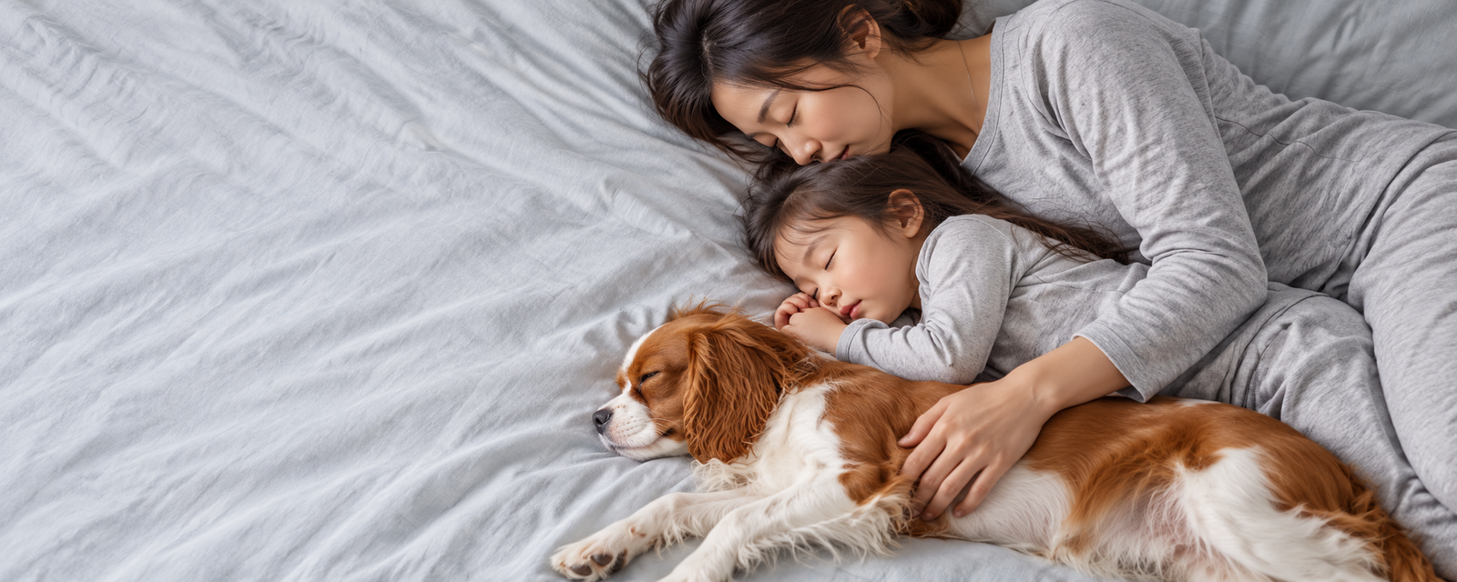 A mother, child and dog resting together on soft grey bedding