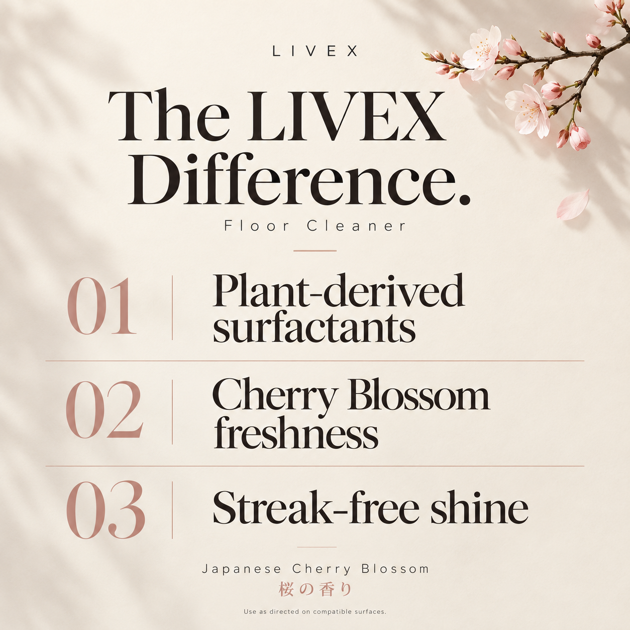 Floor Cleaner LIVEX Difference: plant-derived surfactants, Cherry Blossom freshness and streak-free shine