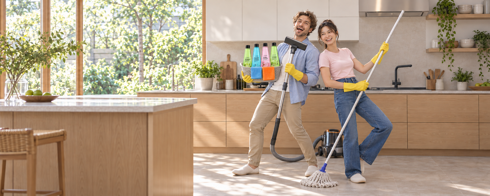 A couple enjoying their cleaning routine in a bright kitchen with Livex products