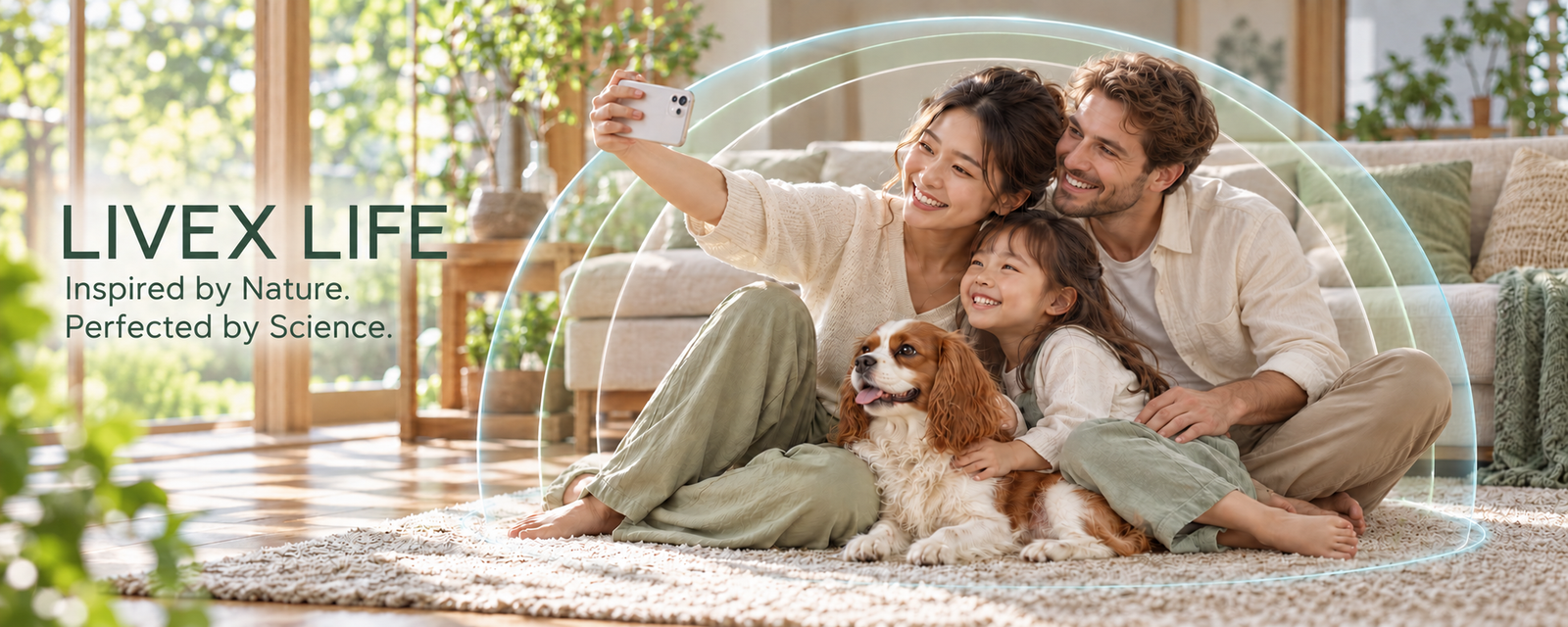 LIVEX LIFE. Inspired by Nature. Perfected by Science. A family taking a photo with their dog in a sunlit home.