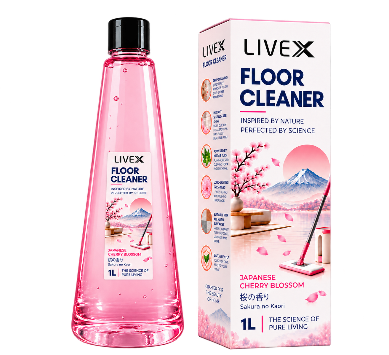 LIVEX Cherry Blossom Floor Cleaner with a small central bottle label and matching carton