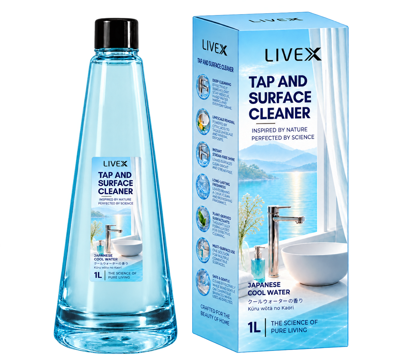 LIVEX Tap & Surface Cleaner bottle and matching carton