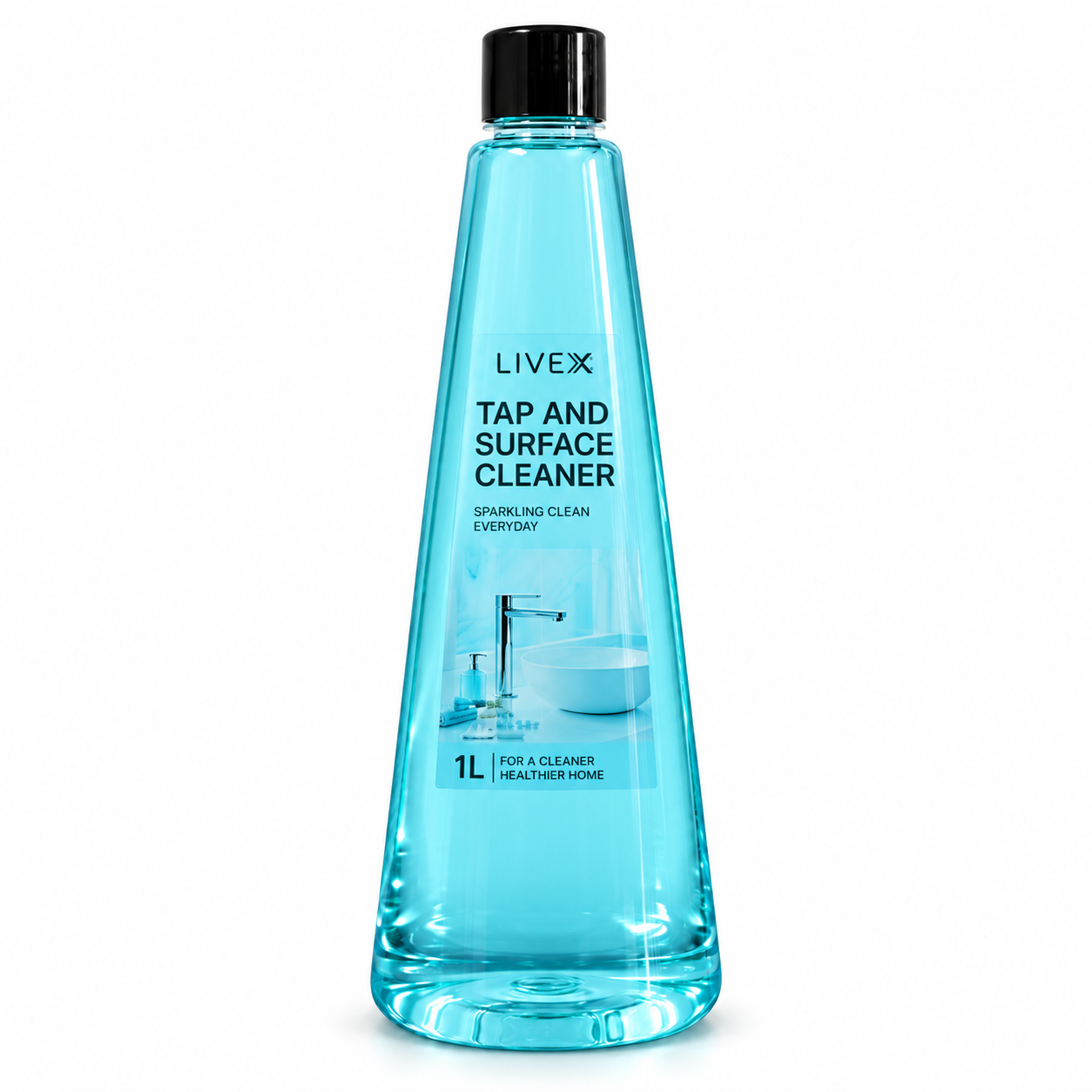 Livex Tap and Surface Cleaner in a clear blue bottle